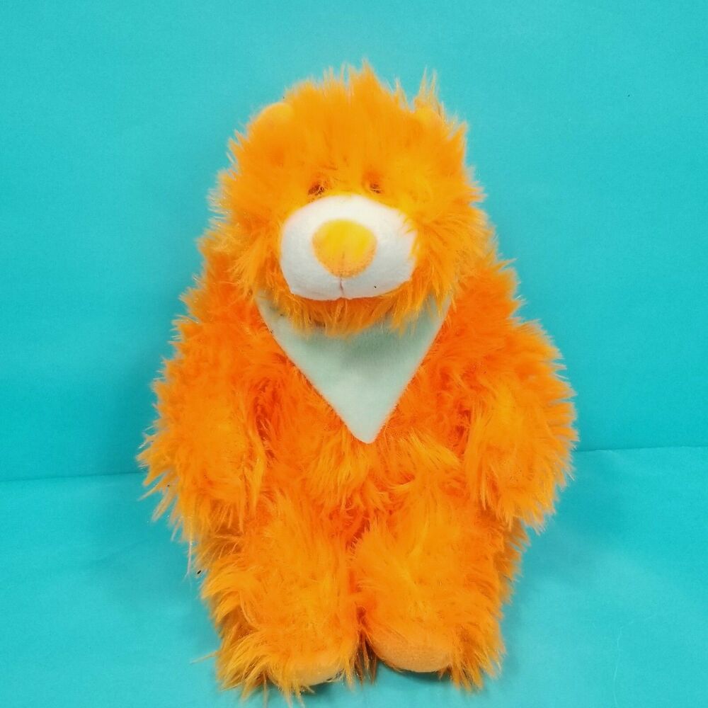 Baby Bear Plush With Blue Bib Orange Halloween Soft Stuffed Animal Furry 10"